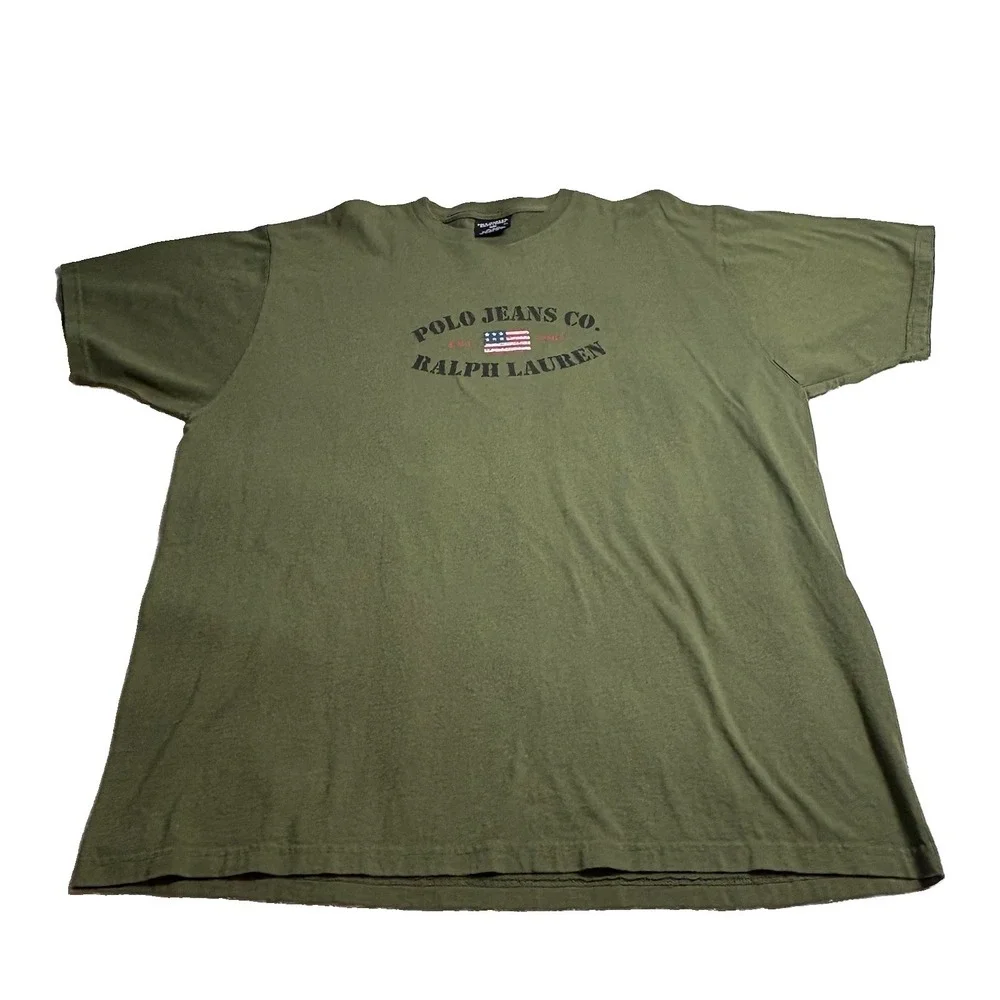 Ralph Lauren Men's T Shirt Olive Green Big Front Logo Sz XL 100% Cotton